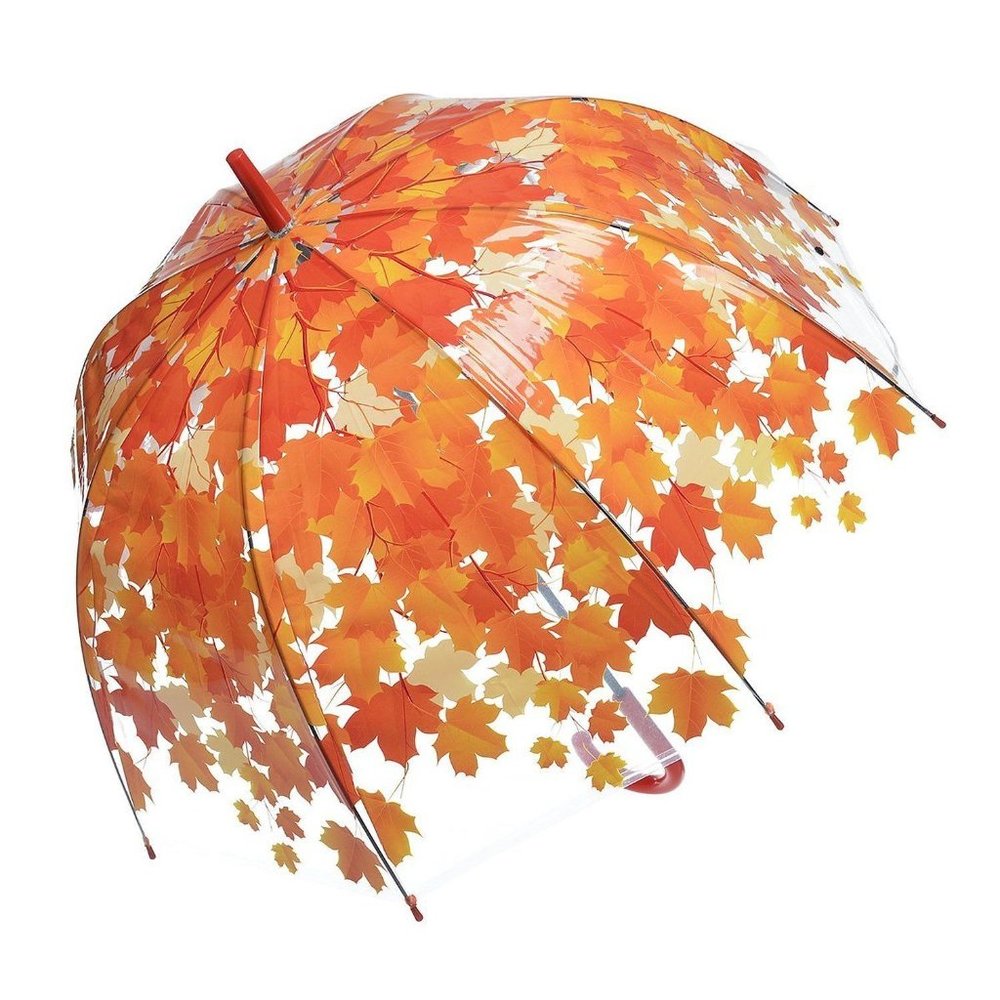 Transparent Birdcage Clear Umbrella w/ Maple Leaf Fall Autumn Leaves 4 Colors